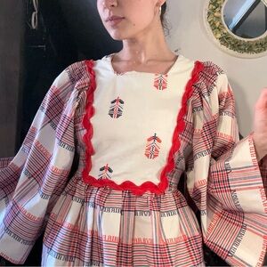 Vintage Handmade 60s 70s Mail Theme Maxi Dress with Red Trim